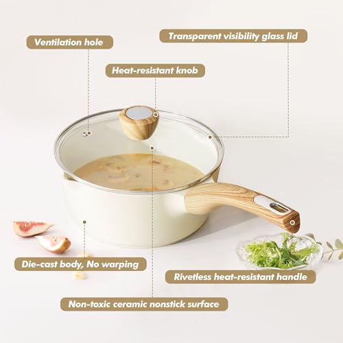 SENSARTE Ceramic Nonstick Sauce Pan with Lid, 2.5 Quart Saucepan with Double Spout, Large Cooking Pot, Non toxic Kitchen Sauce Pot, Non stick Saucier Pan, Induction Cookware, PFOA PTFE PFAS Free - color: Ceramic White, size: 2.5 Quarts