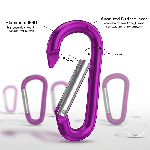sprookber 3" Aluminum Carabiner D Ring, Caribeener Clips, Spring Snap Hook for Keychain Clip, Set of 10 - color: Purple