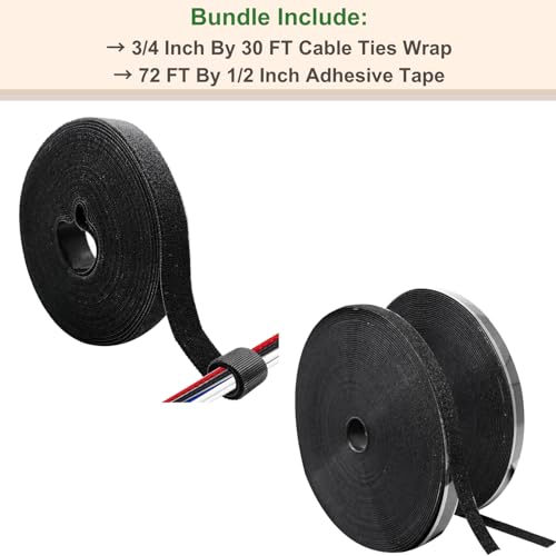 ECOHomes Bundle - 3/4 Inch by 30 FT Cable Ties Wrap + 72 FT by 1/2 Inch Hook Loop Adhesive Tape