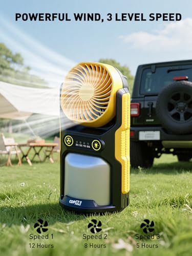 COPPA Camping Fan LED Lantern, LF-01 Portable Camping Fan with Light USB Rechargeable 3 Powerful Speed 4 Light Mode Cordless Tent Fan Lights with Foldable Hook for Hiking Fishing Travel