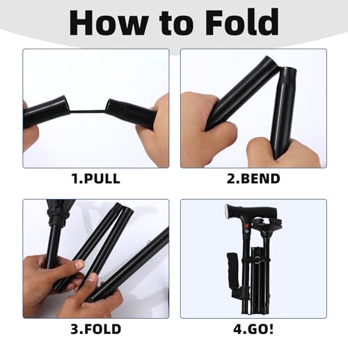 Walking Stick，Walking Canes for Women & Men，Folding Cane with Led Light and Alarm, with Side Handle, Collapsible Cane Lightweight, Free Self Standing Foldable Stick for Seniors & Adults