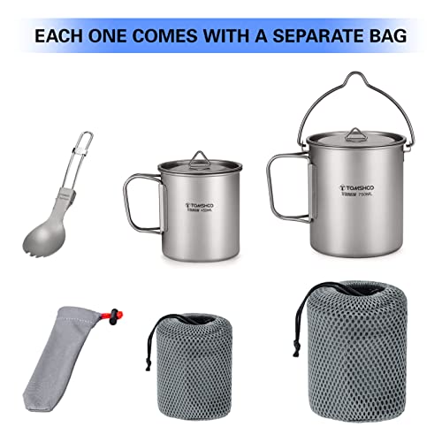 TOMSHOO 750ml Titanium Pot with Lid + 450ml Titanium Mug + Folding Spork | Camping Coffee Cup with Foldable Handle, Backpacking Cup for Hiking Travelling Camping Open Fire - size: 750 mL Pot + 450 mL Cup + Spork