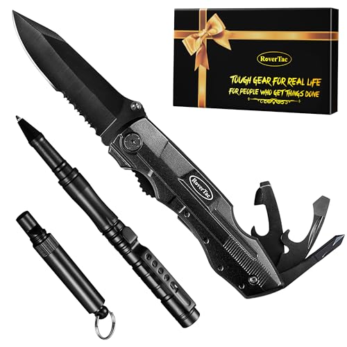 RoverTac Pocket Multitool Knife Multi Tool Set, 15-in-1 Multitool Knife, Tactical Pen with Glass Breaker, Emergency Whistle, Perfect for Camping Hiking Survival Fishing Car tool Kit, Gifts for Men - style: TOUGH GEAR FOR REAL LIFE