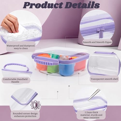 3 Pack Deep Clear Hard Shell Zipper Cases with Handle (Purple) | Travel Toiletry Bag, Waterproof 1.2mm PET Hard Plastic Pouches, Organizer Box for Makeup, Toy, Snack, Stationery, Diaper - color: Purple Handle(L+M+S)