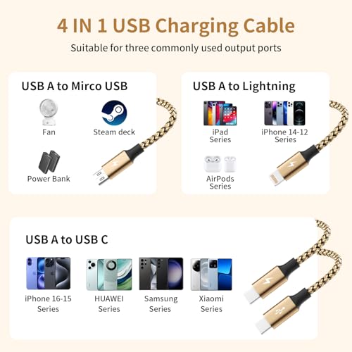 4 in 2 Multi Charging Cable, USBA/C Universal Charging Cords 2 Pack 5FT | Dual Type C Port Phone Charger Cord for Multiple Devices, Travel Charger for iPhone 17-11/Galaxy/Tablets/PS Home,Office, Gold - color: Gold