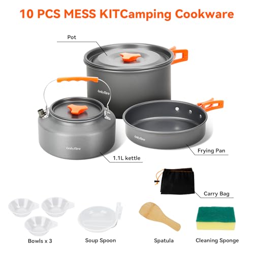 10pcs Camping Cookware Mess Kit, Outdoor Cooking Utensil Set, CT603