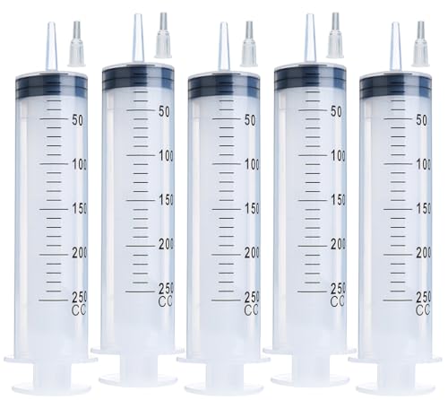 5pcs 250ml Large Syringe with Cap, Individually Sterile Sealed Plastic Syringes with Measurement for Your Scientific Labs, Measuring Liquids, Feed Pets, Oil or Glue Applicator - size: 250 ml