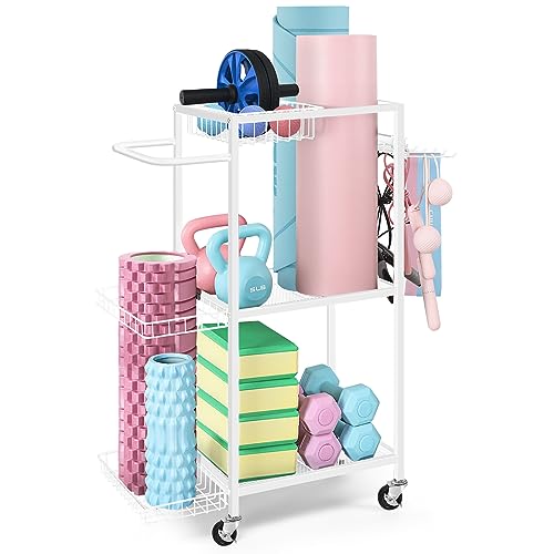 Yoga Mat Storage Rack, Home Gym Storage, Workout Equipment Storage Rack | Home Gym Storage Rack with Lockable Casters, Multi-Purpose Storage, Metal Frame, Strong Structure, Easy To Install - color: White