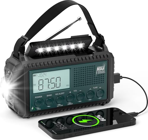 Emergency Crank Weather Radio with NOAA Auto Alerts and Shortwave, 5000mAh | Solar Charging, AM/FM/SW, Flashlight, Reading Lamp, SOS Alarm, Phone Charger, Time Clock and Large LCD Display - color: Blue