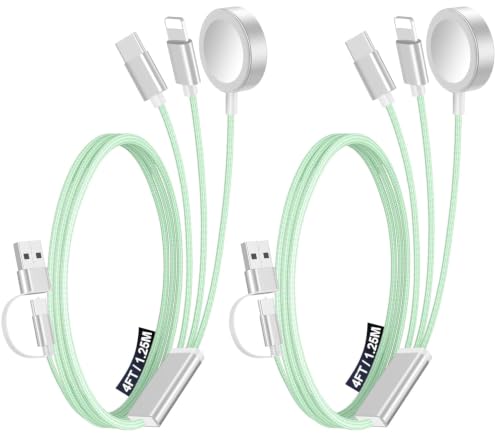 2Pack Travel Essentials for Apple Watch Charger,3-in-2 Multi Charging Cable | Cruise Vacation Camping Essentials for iPhone Charger,Type C/Lightning for iWatch,iPhone 17-12,Xbox Series X&S-4FT Green - color: Green, size: 2Pack-4FT