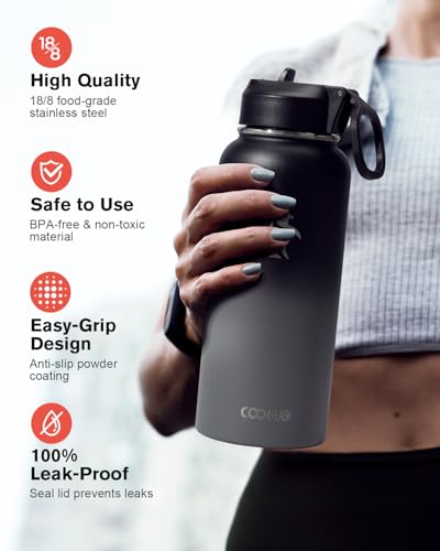 Coolflask 32 oz Water Bottle Insulated with Straw & 3 Leakproof Lids | Water Flask Stainless Steel Triple-Wall Vacuum,Cold 48+h, Dishwasher Safe,Wide Mouth,BPA-Free,Carrier Bag,for Gym,Hiking - color: Piano Night, size: 32 Ounces