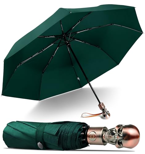 Skull Handle Windproof Travel Umbrella Compact Portable, Auto Open Close | Luxury Gothic Skull Grip with One-Touch Automatic Open, Wind Resistant and Sturdy for Rain, Lightweight to Carry Daily - color: 06.Dark Green