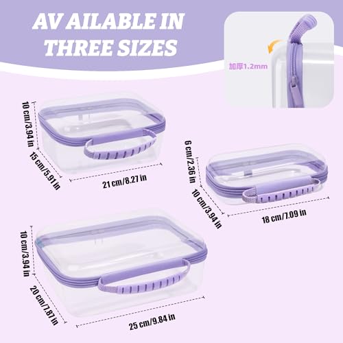 3 Pack Deep Clear Hard Shell Zipper Cases with Handle (Purple) | Travel Toiletry Bag, Waterproof 1.2mm PET Hard Plastic Pouches, Organizer Box for Makeup, Toy, Snack, Stationery, Diaper - color: Purple Handle(L+M+S)