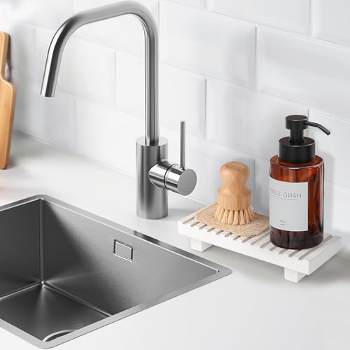 Bathroom Tray Rustic Farmhouse Decor Wood Stand, 8.6" * 3.6" White | Waterproof, Lightweight, Easy Clean, Wood Riser Kitchen soap holder Accessories for Office Desk, Vanity, Counter, Sink - color: White, size: 8.7" x 3.6" x 1.6"