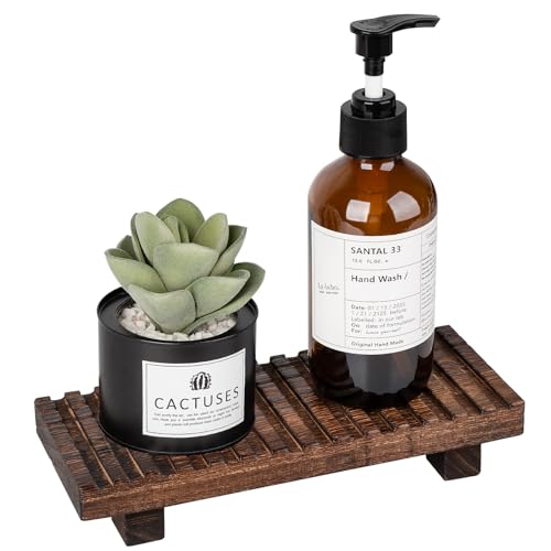Bathroom Tray Rustic Farmhouse Decor Wood Stand, 8.6" * 3.6" Dark Brown | Waterproof, Lightweight, Easy Clean, Wood Riser Kitchen soap holder Accessories for Office Desk, Vanity, Counter, Sink - color: Drak Brown, size: 8.7" x 3.6" x 1.6"