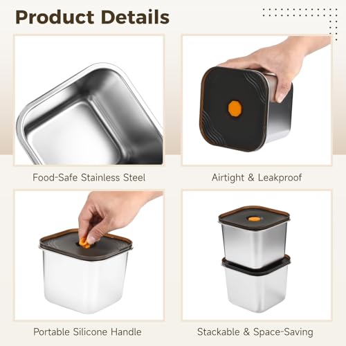 OMISTAR 2 PCS Stainless Steel Food Storage Containers with Lids, Leak-Proof Square Meal Prep Containers with Airtight Silicone Seal, Freezer and Oven Safe Lunch Boxes for Fruit, Snack, Leftover