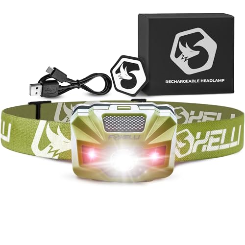 Foxelli USB‑C Rechargeable LED Headlamp – Ultra‑Light 2.4 oz & Bright 180 Lumens – Red/White Light, 5 Modes, IPX5 Waterproof, 40 h Runtime for Trail Running, Camping, Hiking - color: Khaki