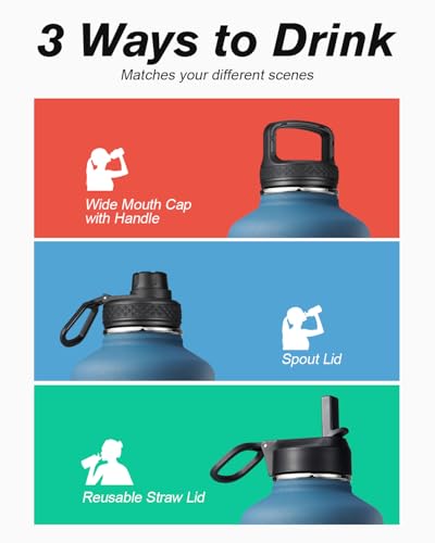Coolflask Water Bottle 87 oz with Straw, 2/3 Gallon Insulated Stainless Steel Large 3 Lids Big Water Jug for Sports or Office, Non-BPA Keep Cold Up to 48 Hrs or Hot Up to 24 Hrs, Samurai Cyan - color: Samurai Cyan, size: 87 Ounces