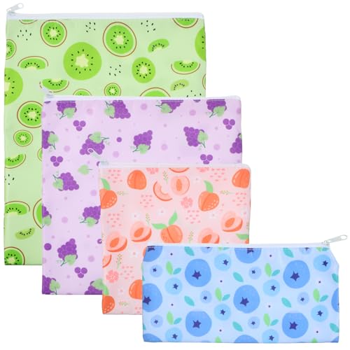 Paterr 4 Pcs Reusable Snack Bags for Kids, Washable Sandwich Bags,Fruit | Food Safe, Reusable Design, Zip Closure, Washable, Sandwich Storage, Snack Storage, Lunch, Kids, School, Travel, Picnic - style: Fruit