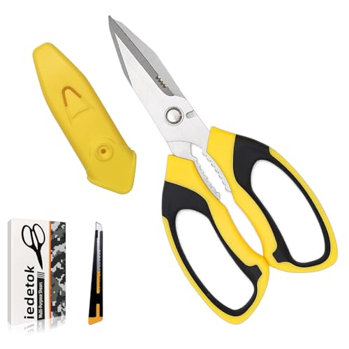 Utility Scissors Heavy Duty, Ultra Sharp Blade Shears with Protective Case, Multipurpose Stainless Steel Scissors For Cutting Cardboard, Fabric, Carpet, Leather, Wire (Yellow Set) - color: Yellow Set