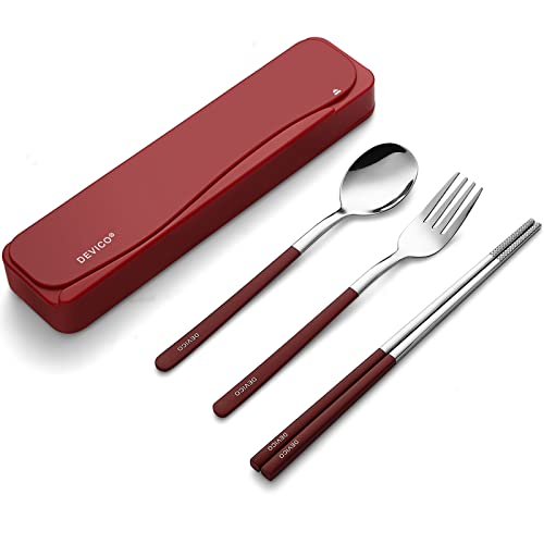 DEVICO Travel Utensils with Case, 4Pcs Portable Silverware Set for Work, 18/8 Stainless Steel Reusable Cutlery, Korean Spoon and Chopsticks Fork for Camping, School, Lunch Box Accessories (Red) - color: Red