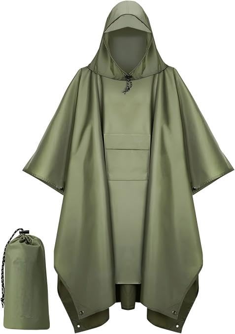 Extra Thick Waterproof Hooded Rain Poncho for Adults Lightweight Raincoat Jacket with Pocket for Hiking Camping Emergency - color: Green