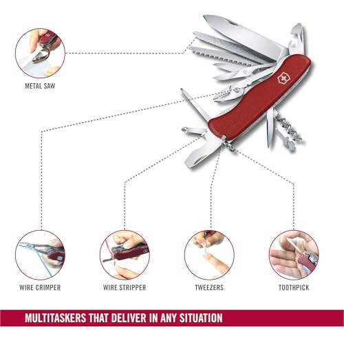 Victorinox Work Champ Swiss Army Knife - 21-Function Pocket Multitool, Red | Heavy-duty 4.4 in folding tool with wood saw, metal file, pliers, and scissors. Durable polyamide scales in classic red.