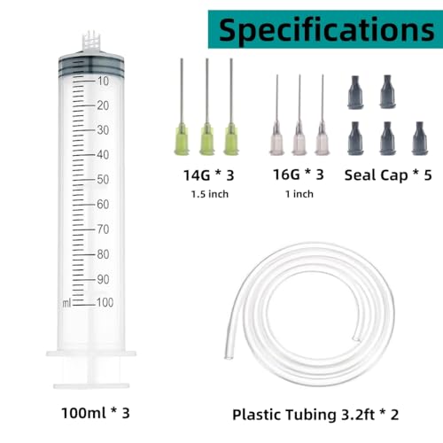 3 Pack 100ml Glue Dispenser Accessories with 3.2ft Plastic Tubing, 14ga,16ga Dispensing Accessories and Caps for Measuring Liquids and Refilling - size: 3 Pack (100ml)