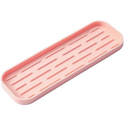 MicoYang Silicone Kitchen Sink Organizer Tray for Multiple Usage,Easy Clean,Eco-Friendly Sponges Holder for Kitchen Bathroom Counter or Sink,Dish Soap Dispenser,Scrubber,Bottle,Cup Pink 12" x 4” - color: Pink, size: 12" x 4" x 0.7"