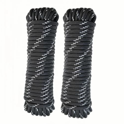 3/8 in × 100 ft Reflective Black Diamond Braided Polypropylene Rope with Non-Woven Core, Multi-Purpose Utility Cord for Clothesline, Camping, Outdoor, DIY, and Home Use (2 Pack, 50ft Each) - size: 3/8" x 100FT, style: Reflective Black