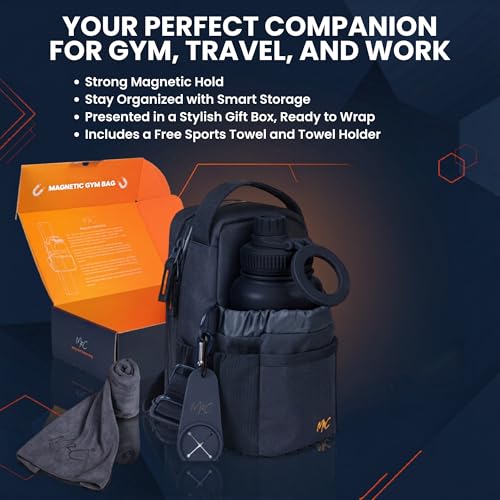 M2C® Premium Magnetic Gym Bag, Attaches to Gym Equipment, Holds 12 lbs | Magnetic Gym Pouch with Bottle, Phone & Key Storage, Detachable Strap, For Sports or Travel. Including Towel & Towel Holder