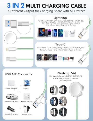 1Pack Travel Essentials for Apple Watch Charger,3-in-2 Multi Charging Cable | Cruise Vacation Camping Essentials for iPhone Charger,Type C/Lightning for iWatch,iPhone 17-12,Xbox Series X&S-4FT Green - color: Green, size: 1Pack-4FT