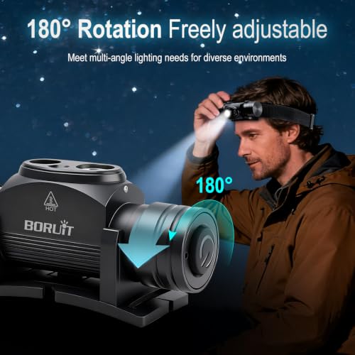 BORUIT HP440 Headlamp Rechargeable,with White and Red Light,180° Adjustable | Spot Light & Flood Light, Bright 1020 Lumen Head Lamp, 9 Modes,Type-C Charging, IP67 Waterproof for Camping, Hiking, Hunting