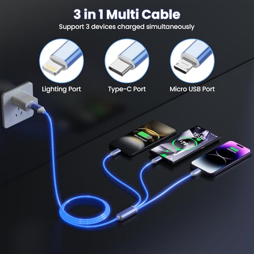 3-in-1 Light Up LED Flowing Lightning/Type C/Micro USB Car Glowing Charge Cable for iPhone,Blue Multi RGB Car Charger Cord for Apple iPhone 15/14/13/12/11 Pro Max/XR/XS/SE,iPad/Android/Samsung-4FT - color: Blue