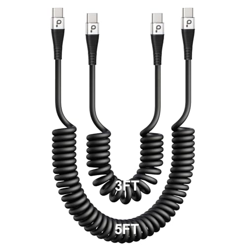 Coiled USBC to USBC Cables for Car 3FT/5FT, USB C to USB C Fast Charging | Cables Short Type C Cord for iPhone 17/16/15/Pro/Plus/Pro Max/Samsung Galaxy S23, Compatible All Type C Devices-Silver 2Pack - color: Silver, size: 3FT/5FT, style: USB C to USB C