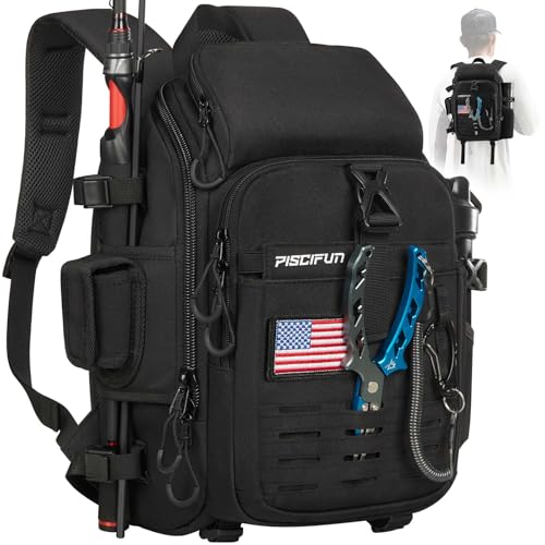 Piscifun Fishing Tackle Backpack, Rod & Gear Holder, Water-Resistant | 15L storage, breathable padding & adjustable shoulder straps, MOLLE panel, Black - color: Black, size: Standard