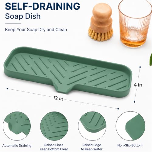 MicoYang Silicone Soap Dish with Drain Spout — Self-Draining Double Sink Organizer Tray for Kitchen & Bathroom, Dispensers, Sponges & Soap Holder, Non-Slip & Dishwasher Safe, Green (Large, 12"×4") - color: Green, size: L(12"×4")