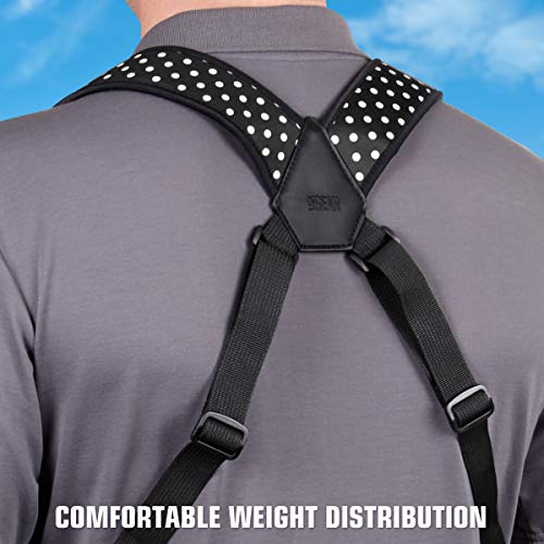 USA Gear DSLR Camera Strap Chest Harness with Quick Release Buckles, Polka Dot Neoprene Pattern and Accessory Pockets - Compatible with Canon, Nikon, Sony Point and Shoot and Mirrorless Cameras - color: Polka Dot