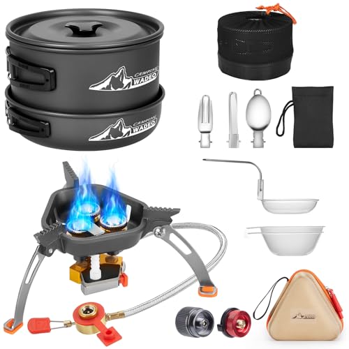 WADEO Camping Cookware Mess Kit with 7200W Camping Stove, 14PCS Non-Stick Camping Pot Pan Set with Stainless Steel Fork Knive Spoon for Camping Backpacking Hiking Outdoor Cooking and Picnic