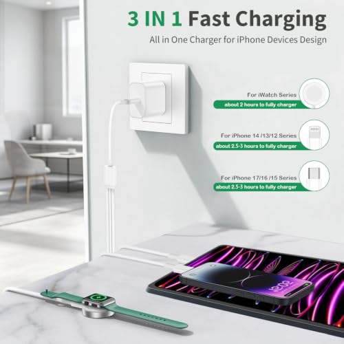 for Apple Watch Charger Fast Charging, 3 in 1 iPhone and iWatch Cable 6FT | with 20W USB C Charger Combo, Compatible with Apple Watch Series Ultra/SE/11/10/9/8/7/6/5/4/iPhone17/16/15/14/13/12/11 Series - size: 6.01FT