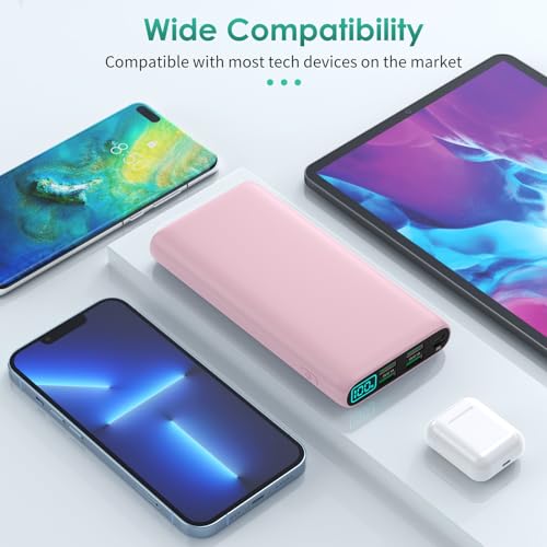Portable Charger 38800mAh,LCD Display Power Bank,5 USB Outputs Battery Pack Backup, USB-C 3A in&out Travel Essential Portable Phone Charger For iPhone 17/16/15/14/13 Pro/12,Android Samsung Galaxy-Pink - color: Pink