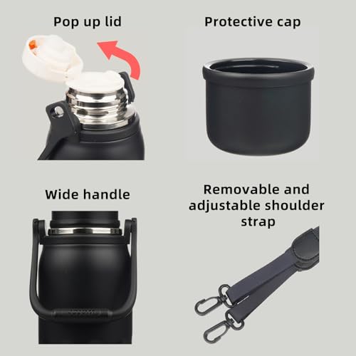 BJPKPK Stainless Steel Insulated Bottle with Handle & Strap, 40oz | Leak-proof vacuum insulation keeps drinks cold/hot for hours. BPA-free, dishwasher safe. Includes handle & strap. Black. - color: Black, size: 40 Ounces