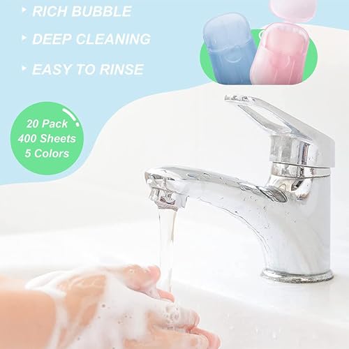Portable Foaming Hand Soap Sheets, 20 Pack with 400 Sheets in 5 Colors, Rich Bubble Deep Cleaning Travel Size Paper Soap, Easy to Rinse