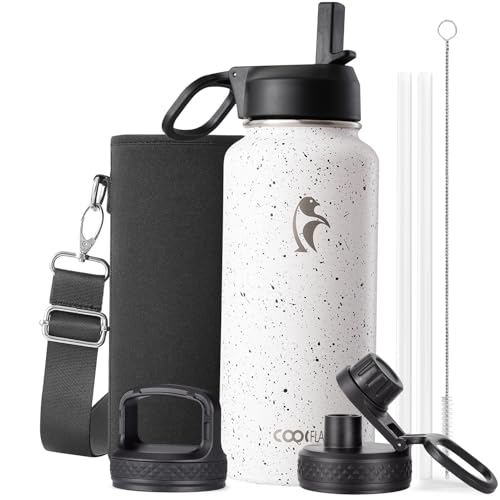 Coolflask 32 oz Water Bottle Insulated with Straw & 3 Leakproof Lids | Water Flask Stainless Steel Triple-Wall Vacuum,Cold 48+h, Dishwasher Safe,Wide Mouth,BPA-Free,Carrier Bag,for Gym,Hiking - color: Arctic White, size: 32 Ounces