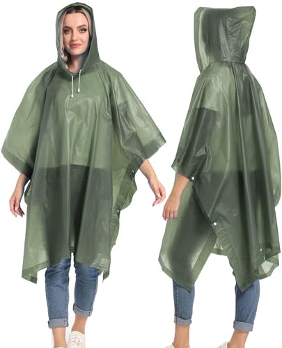 Reusable Rain Ponchos with Drawstring Hood for Adults, Waterproof Thicken Rain Coat, 2 Packs - color: Black & Grass Green