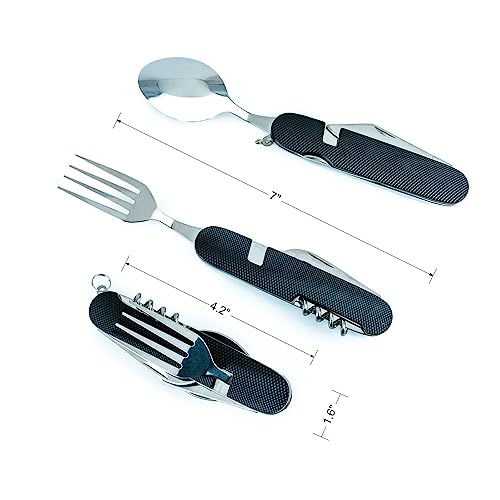 6-in-1 Multi-Function Camping Utensil Flatware Set Detachable Spoon Fork Knife Combo Mess Kit with Carrying Pouch (Black + Gold + Green) - color: Black + Gold + Green