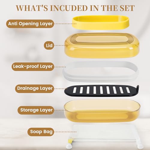 Shampoo Bar Holder and Soap Case, Leakproof Travel Container with Lid & Drain Tray, Includes Silicone Strap and Soap Bag, Compatible with Kitsch Solid Shampoo & Conditioner Bars(Lemon Yellow, Large) - color: Lemon Yellow Style A-large