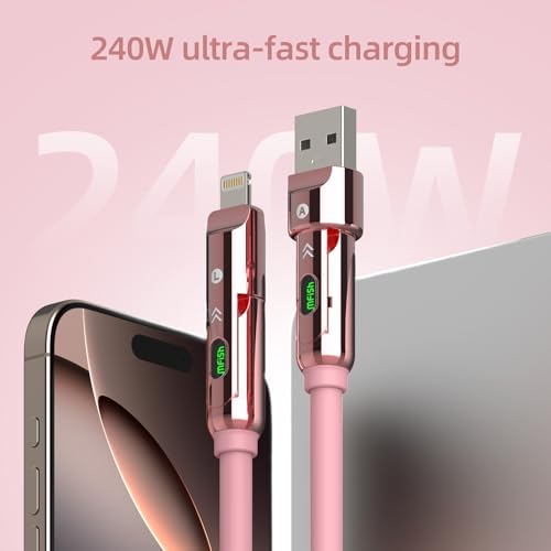 MFish USB C to USB C Cable, 240W 4 in 1 Charging Cable, Pink, 6.6FT | Carrying Case, USB-A & USB-C to USB-C/Lightning, For iPhone 17/16/15/14, MacBook, iPad, Laptop, Samsung S25/S24 - color: Pink, size: 6.6FT(Upgraded)