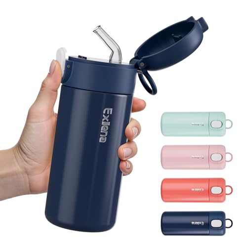 Exllena 10oz Small Insulated Water Bottle with One-Touch Soft Straw Lid, Double-Wall Vacuum Small Travel Water Bottle for Cold&Hot Drinks–Leak-Proof, Mini Flask for Handbag,Sport(Navy Blue) - color: Navy Blue