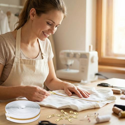 Sawoake 10 Yards Bulk Zipper(#5) Gold Teeth with White Nylon Coil Zipper By The Yards,Can Replace 10PCS Sliders - color: Gold-White-1